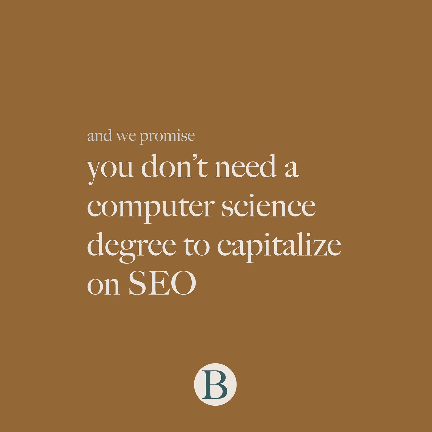 graphic stating: " and we promise, you don't need a computer science degree to capitalize on SEO"