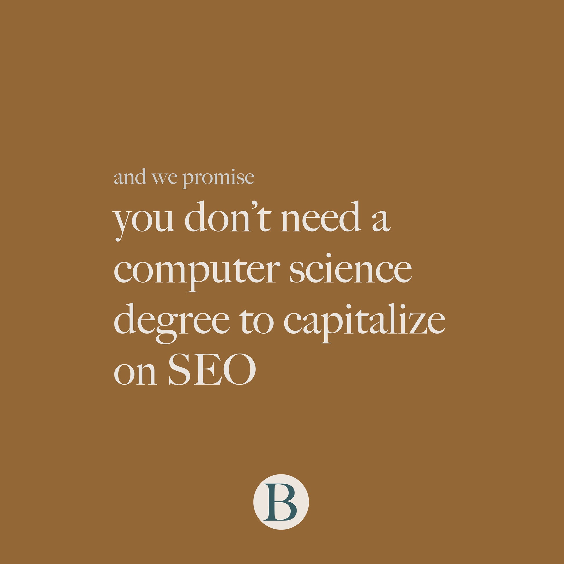 graphic stating: " and we promise, you don't need a computer science degree to capitalize on SEO"