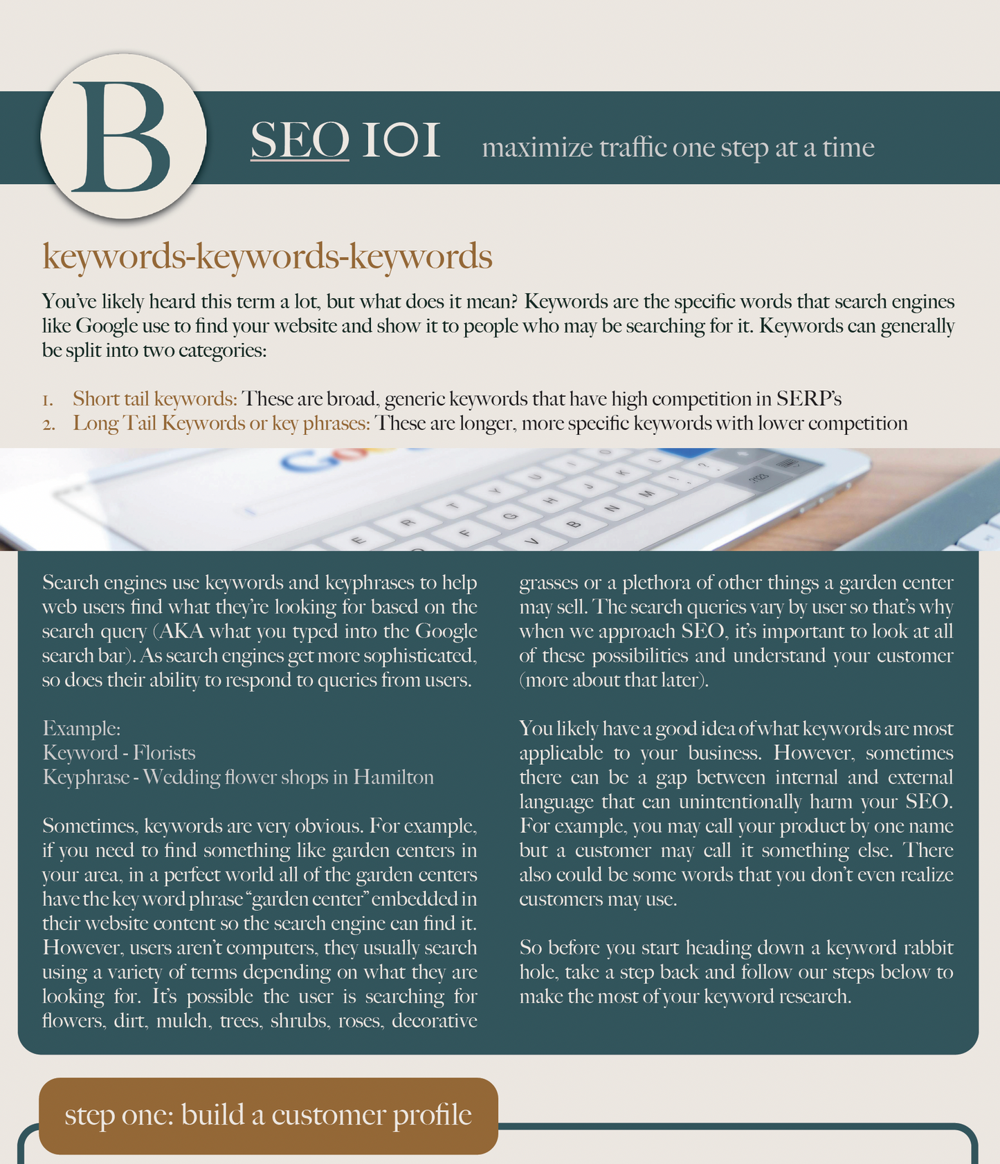 SEO 101 - Keywords introduction page with some examples to improve SEO