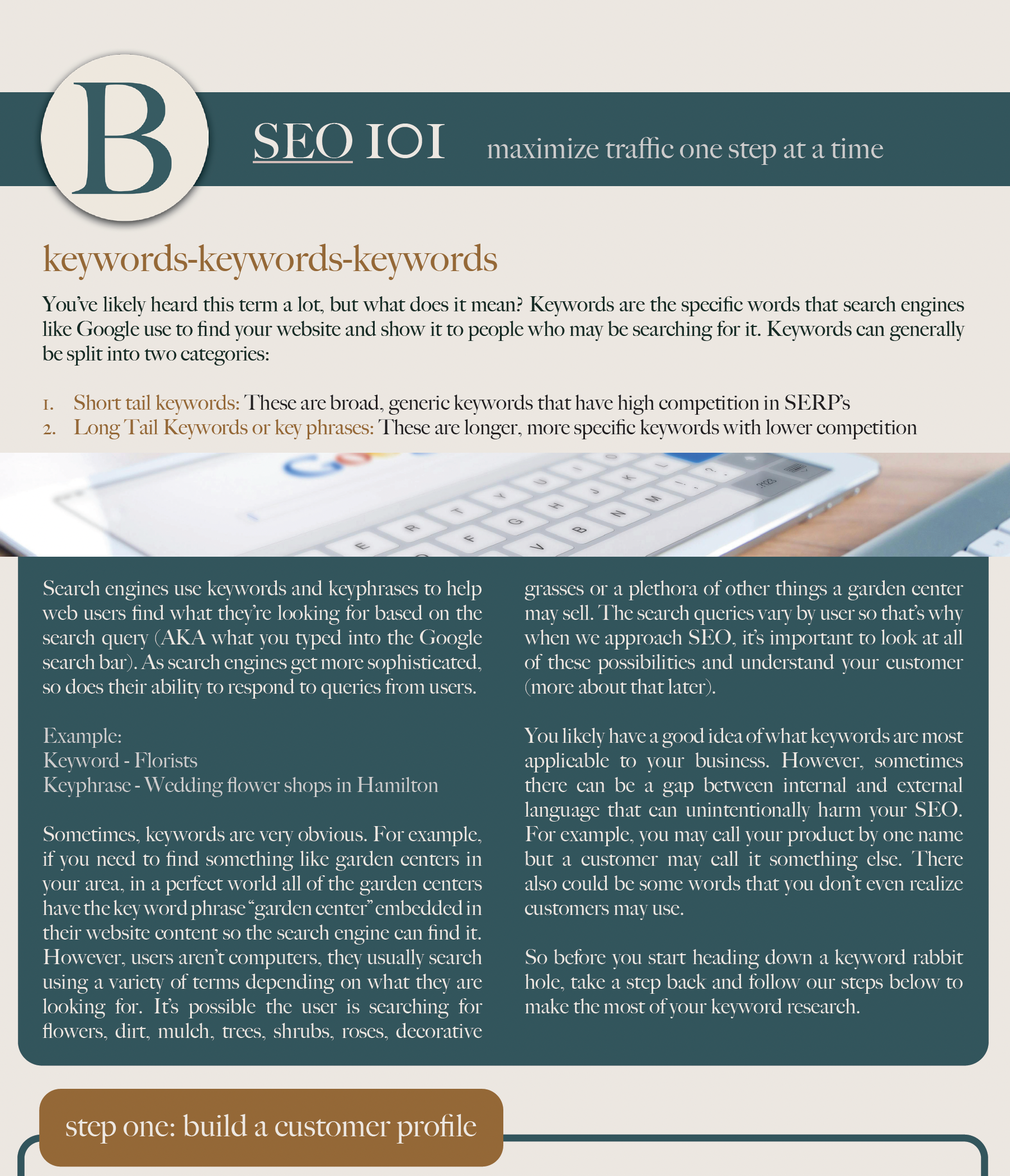 SEO 101 - Keywords introduction page with some examples to improve SEO