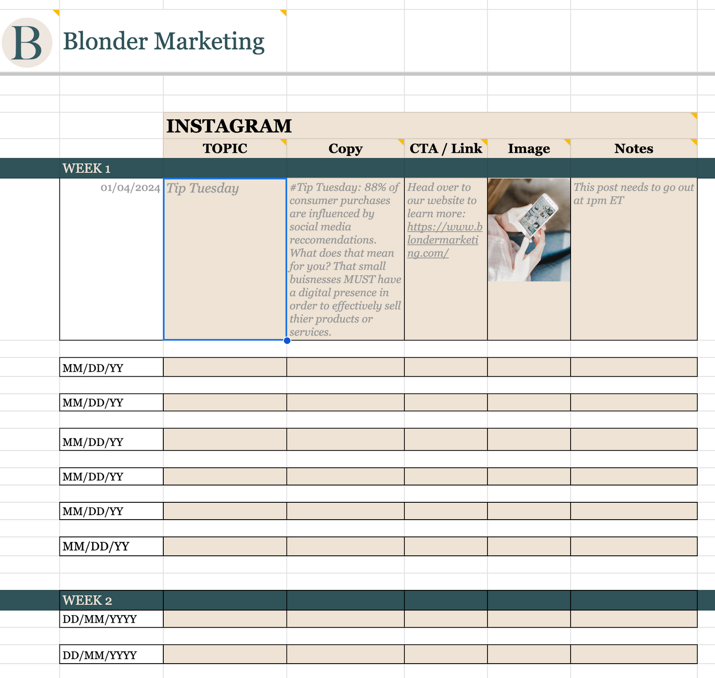Social media content calendar screenshot - four week social spring Instagram