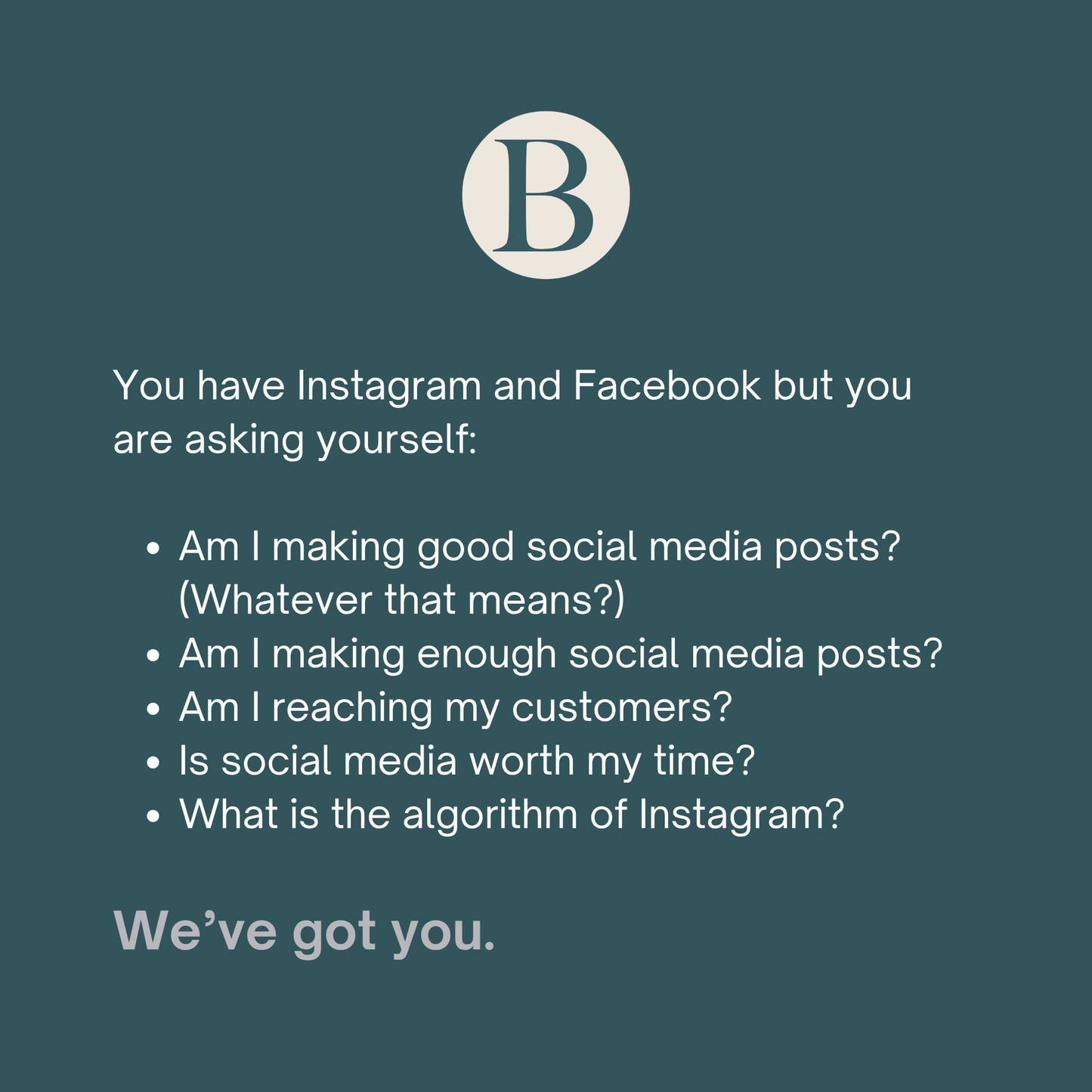 Graphic with text asking small business owners if they face social media struggles such as making good social media posts or what the algorithm is