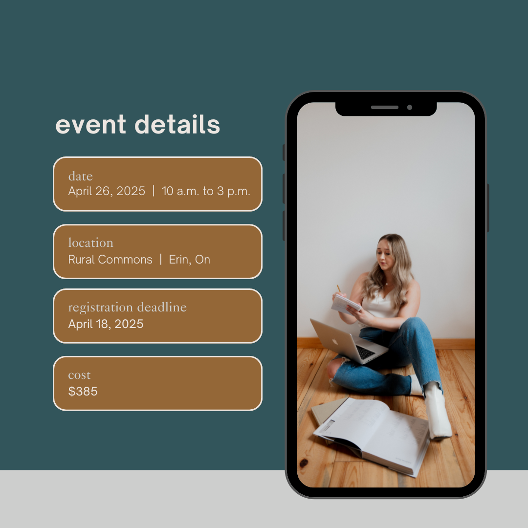 Event details graphic with workshop date, location, registration deadline and cost, alongside pretend phone with a photo of business partner sitting on the floor writing on a notepad