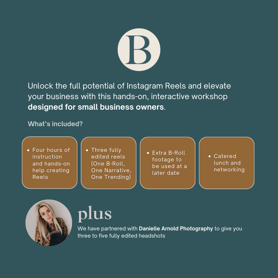 Graphic showing what is included in the workshop, along with a photo of Danielle Arnold Photography who will be providing headshots 