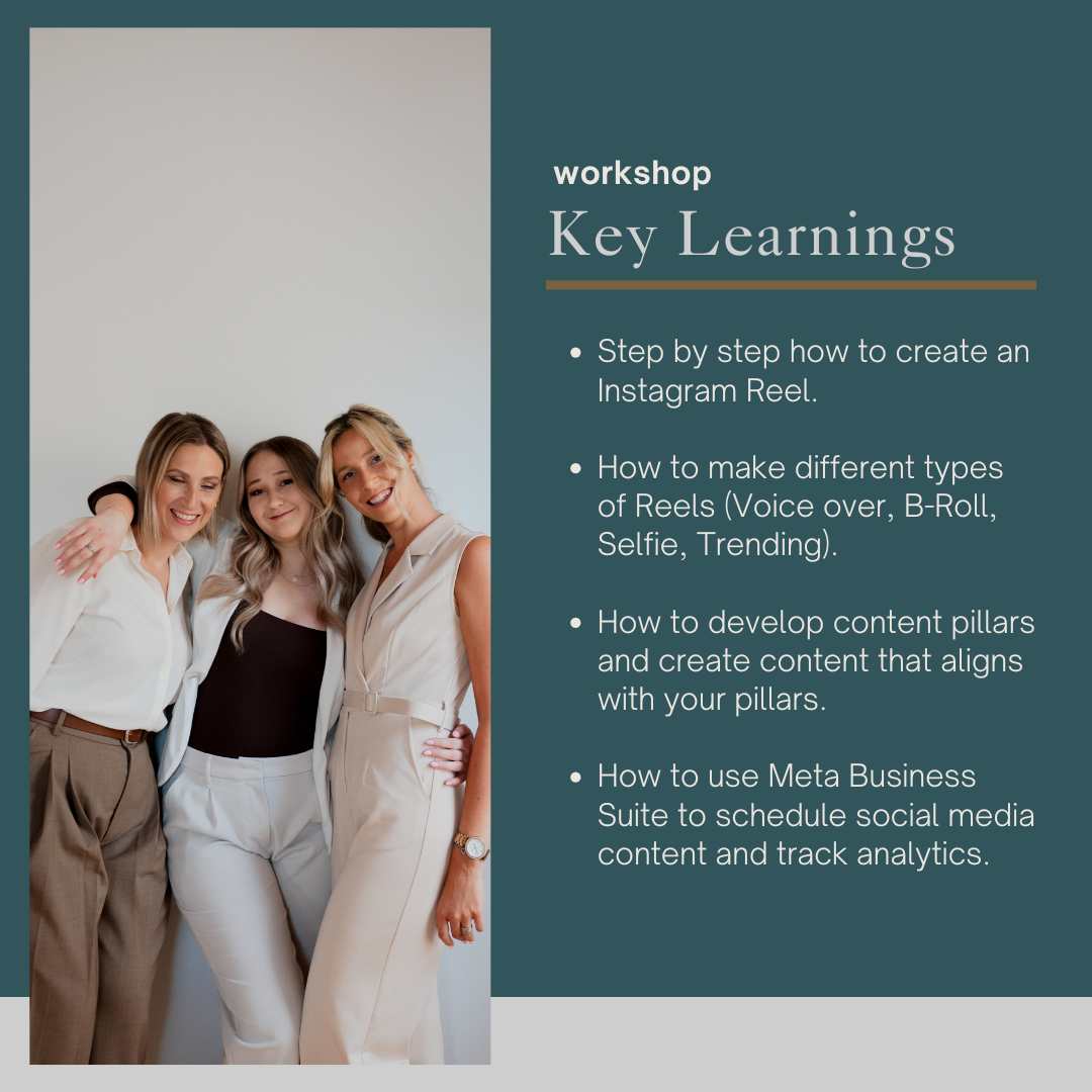 Workshop graphic with key learnings, alongside photo of three business partners with arms around one another's shoulders